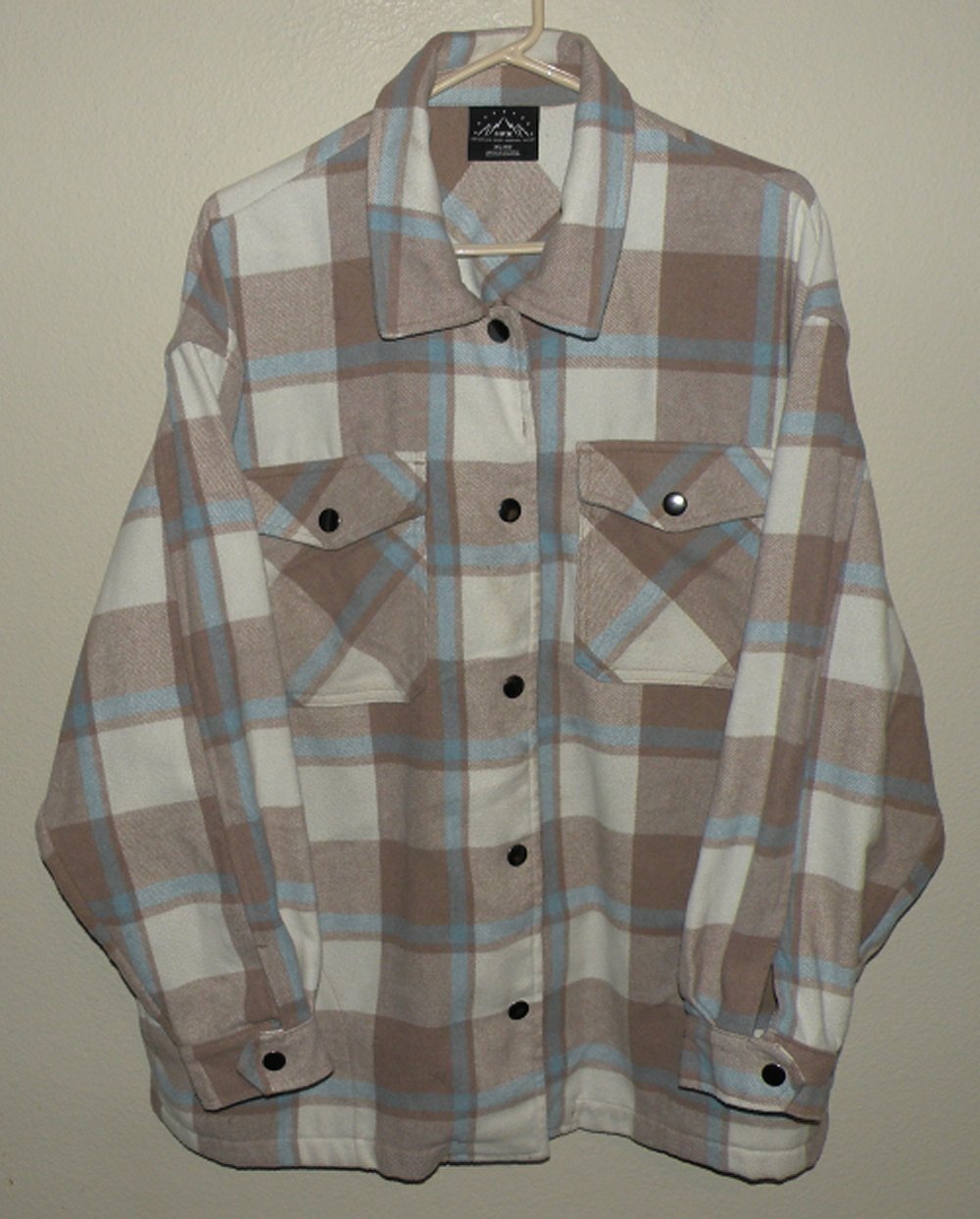 HFX Women’s XL LS Flannel Snap Shirt Jacket Shacket 1% Wool Light Brown Plaid